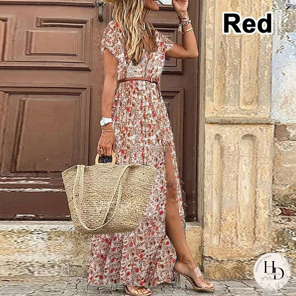 Summer Womens Fashion Retro Floral Elegant Dress Ladies Loose Casual Long One-_piece