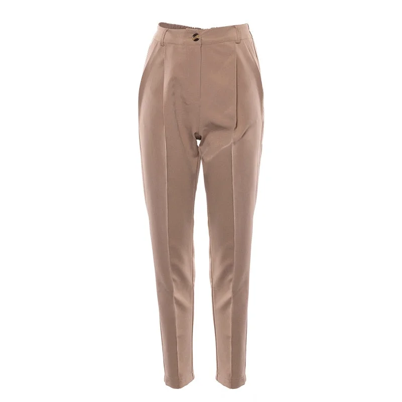 OOTN Office Ladies High Waist Khaki Pants Women Spring Autumn Brown Casual Trousers Zipper Pocket Solid Female Pencil Pants 2021