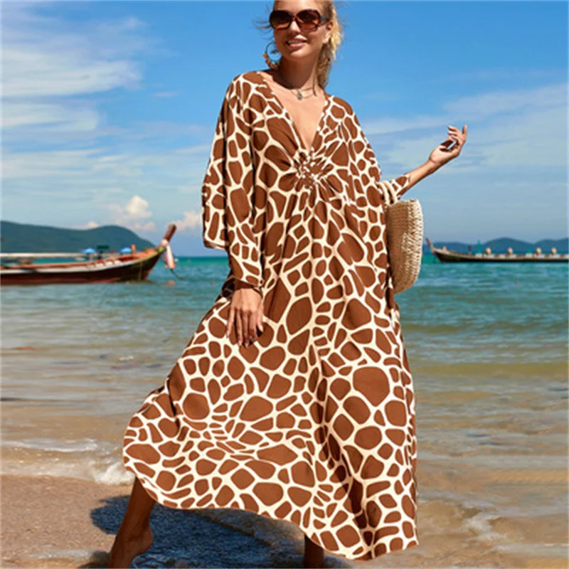 Uveng Uveng Middle Woven Polyester Loose Plus Size Bikini Smock Beach Dress Sunscreen Beach Hood