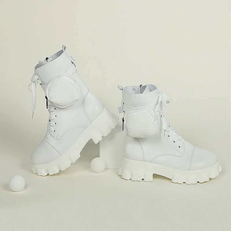 Qengg Women's Combat Boots Pocket Lace Up Women Ankle Boots 2021 Autumn Fashion Female Chunky Heels Platform Ladies Shoes Woman Boots