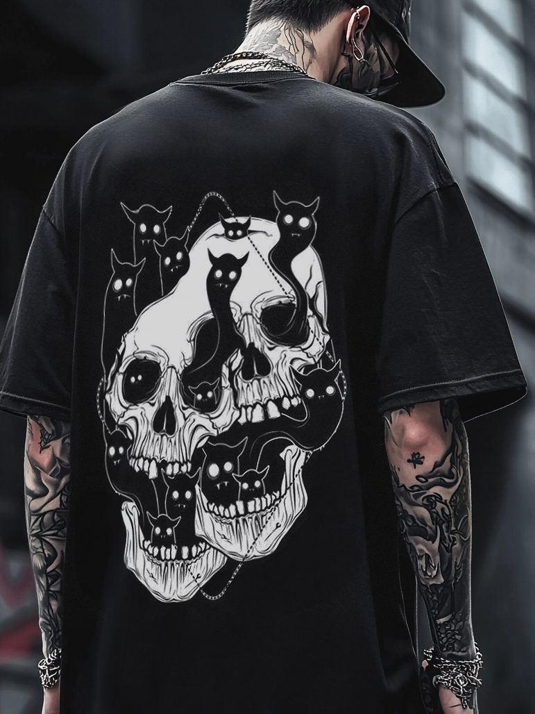 Shoptechwear Art Satanic Skull Black Cat Oversized Unisex Casual T-shirt
