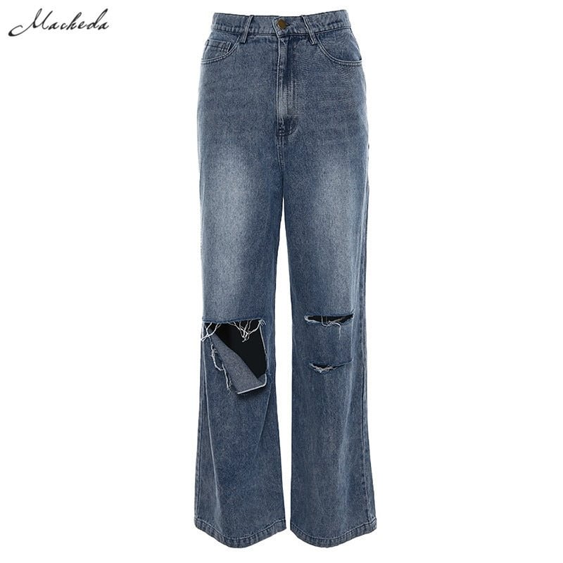 Macheda New High Waist Women's Fashion Loose Destroyed Hole Denim Mopping Pants Casual Vintage Wide Leg Jeans Trousers
