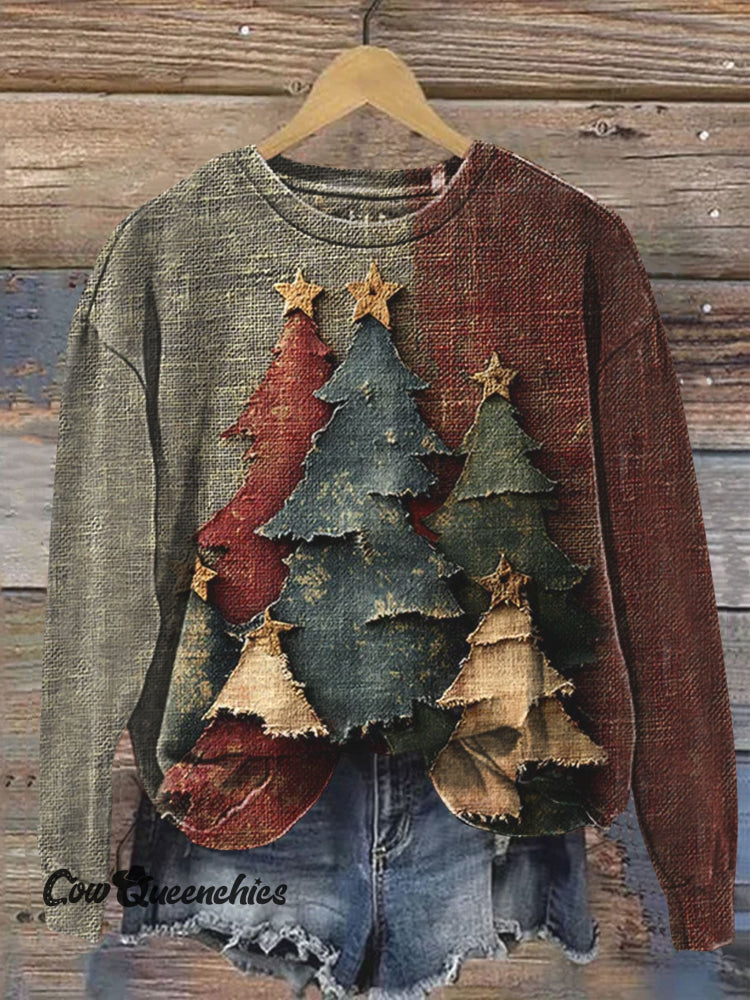 Vintage Christmas Tree Art Print Casual Sweatshirt Multicolor / S