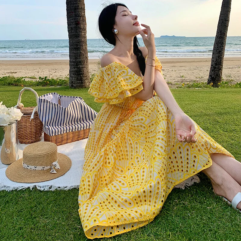 Ueong Embroidery Hollow One-Line Collar Strapless Dress Female Summer Xishuangbanna Travel Vacation Long Dress