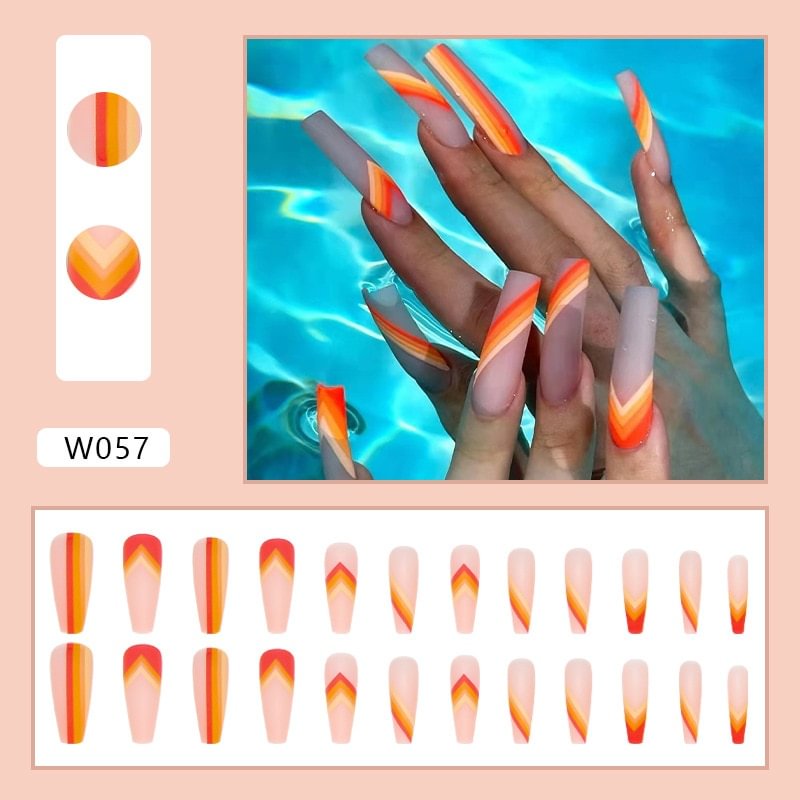 Churchf New Solid False Nails With Glue For DIY,24Pcs Euramerican Orange Lines Ballerina Full Cover Fingernails Fake False Tips &T4