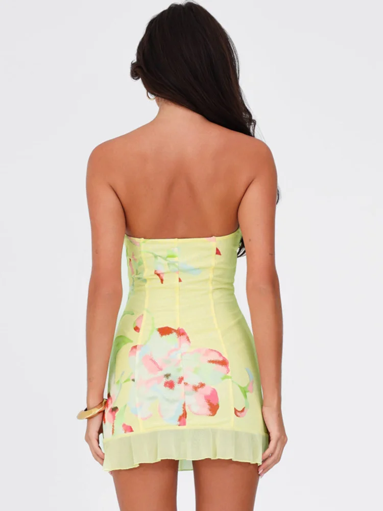 Women Robe Yellow Sleeveless Backless Ruffled Printed Club Off-shoulder Strapless Sexy Mini Dress