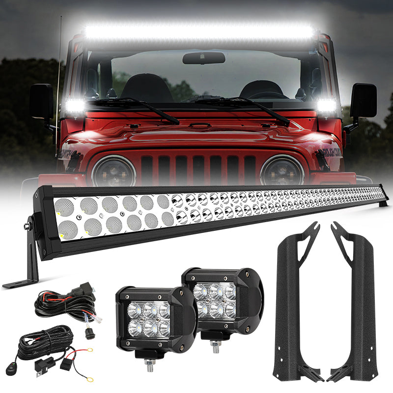 50'' Light Bar & 2 Pods Work Lights & All Brackets Kit for 1997-2006 Jeep Wrangler TJ