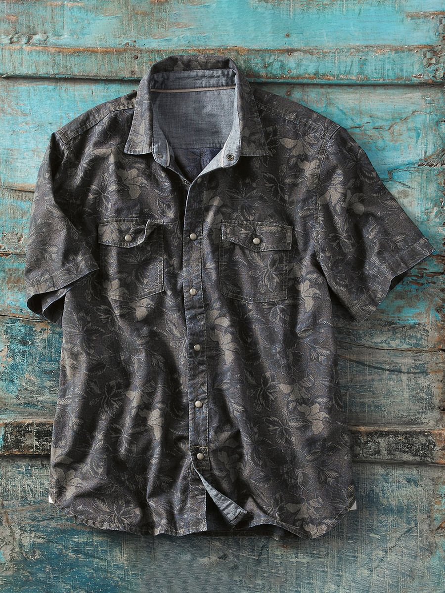 Men's Printing Paste-Bag Short-Sleeved Cotton and Linen Shirt