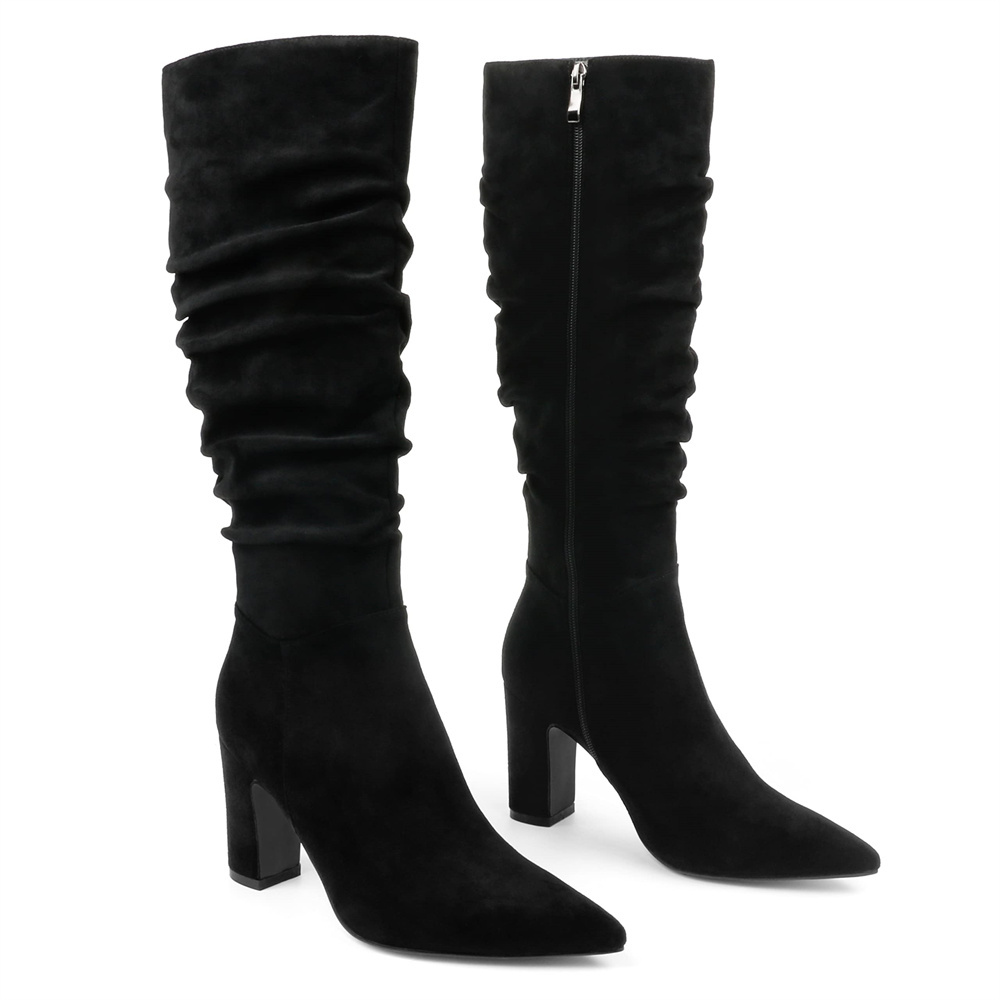 3.35" Women's Knee Boots Chunky Heels Zipper Fashion Sexy Suede Slouchy Boot-MERUMOTE