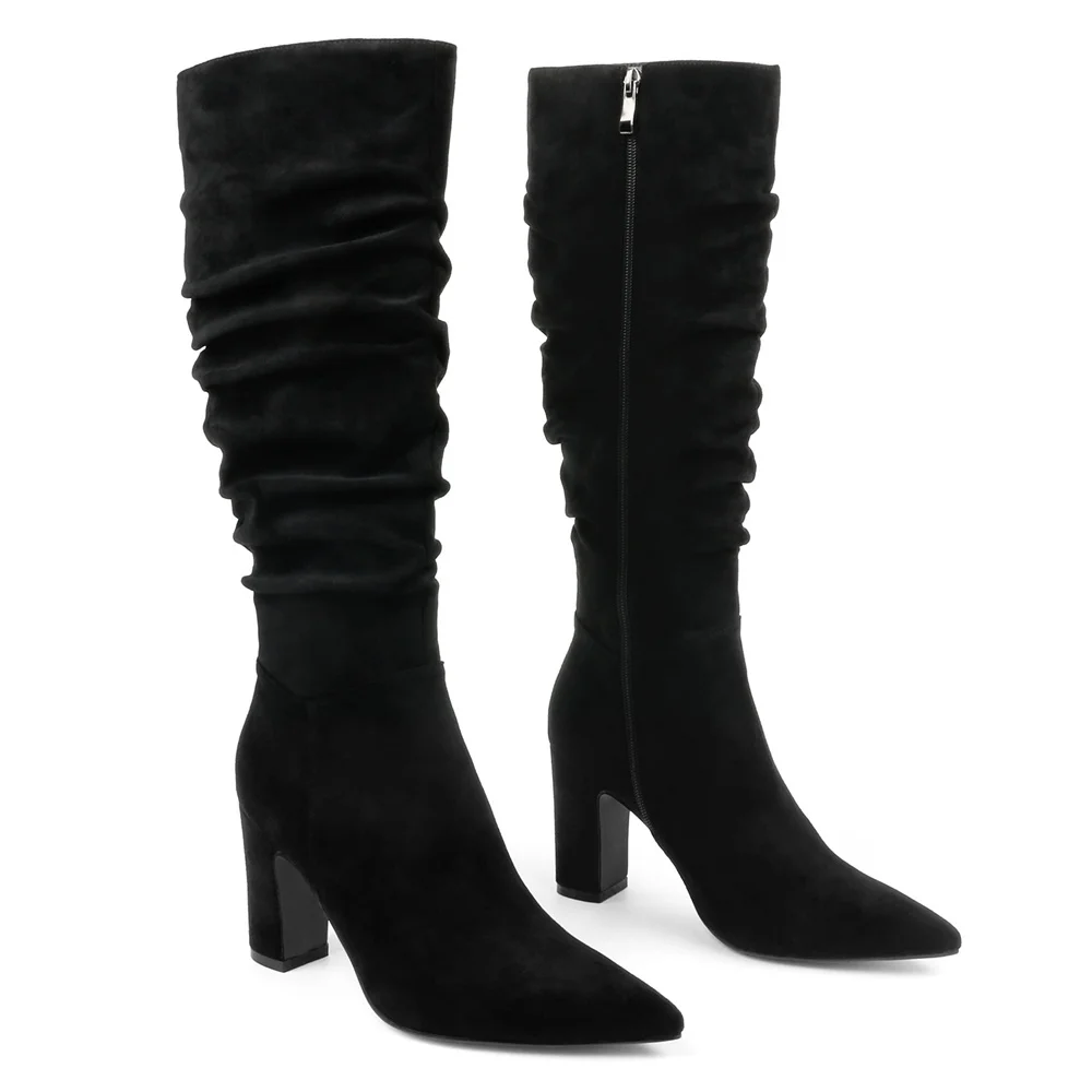 3.35" Women's Knee Boots Chunky Heels Zipper Fashion Sexy Suede Slouchy Boot-MERUMOTE