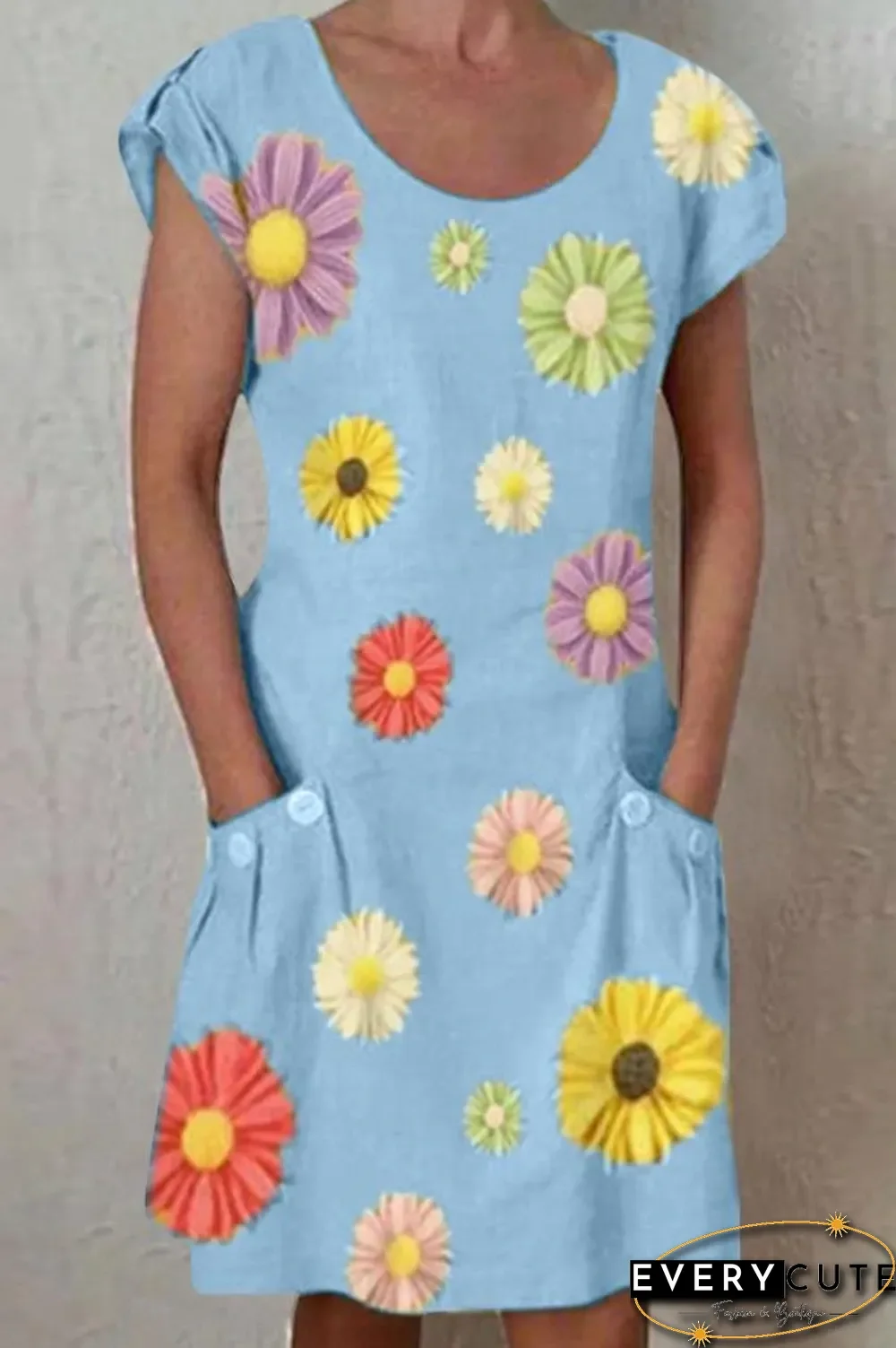 Daisy Print Paneled Short Sleeves Pockets Casual Midi Dress