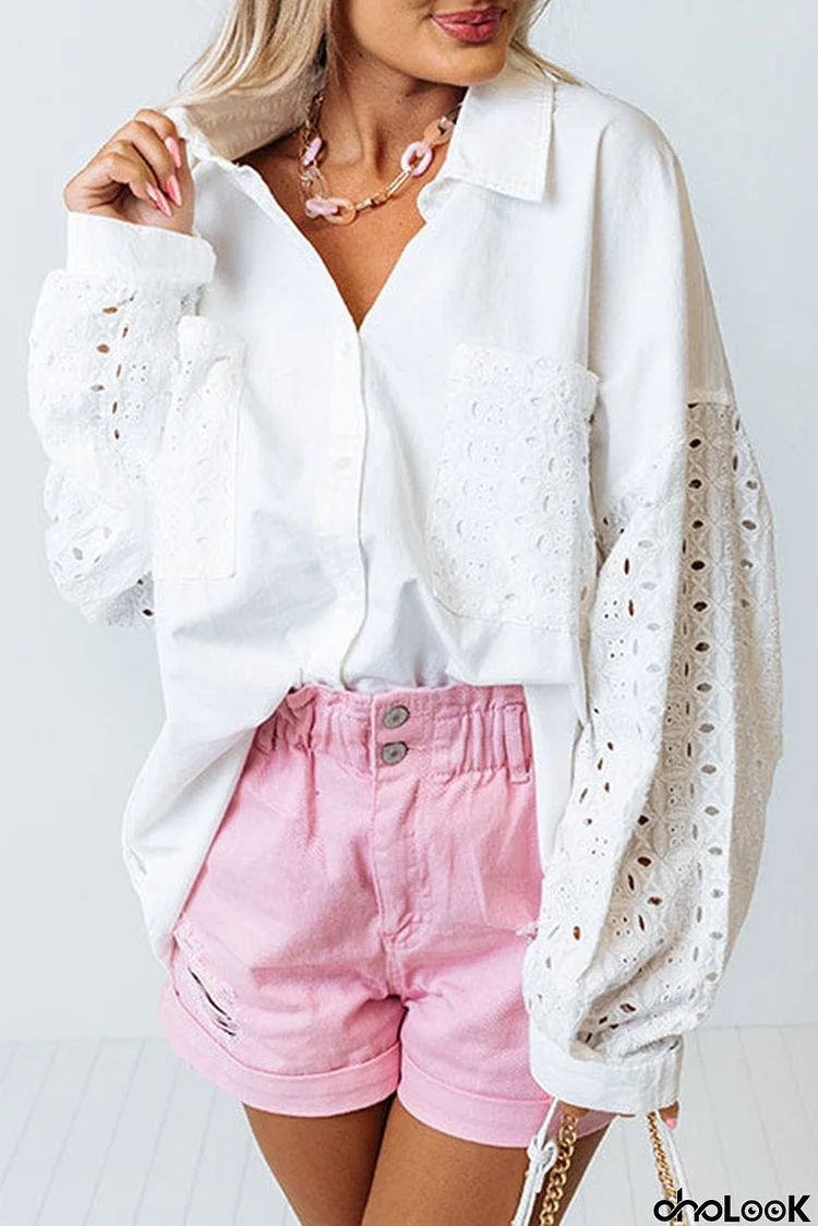 Eyelet Detail Oversize Shirt with Chest Pockets