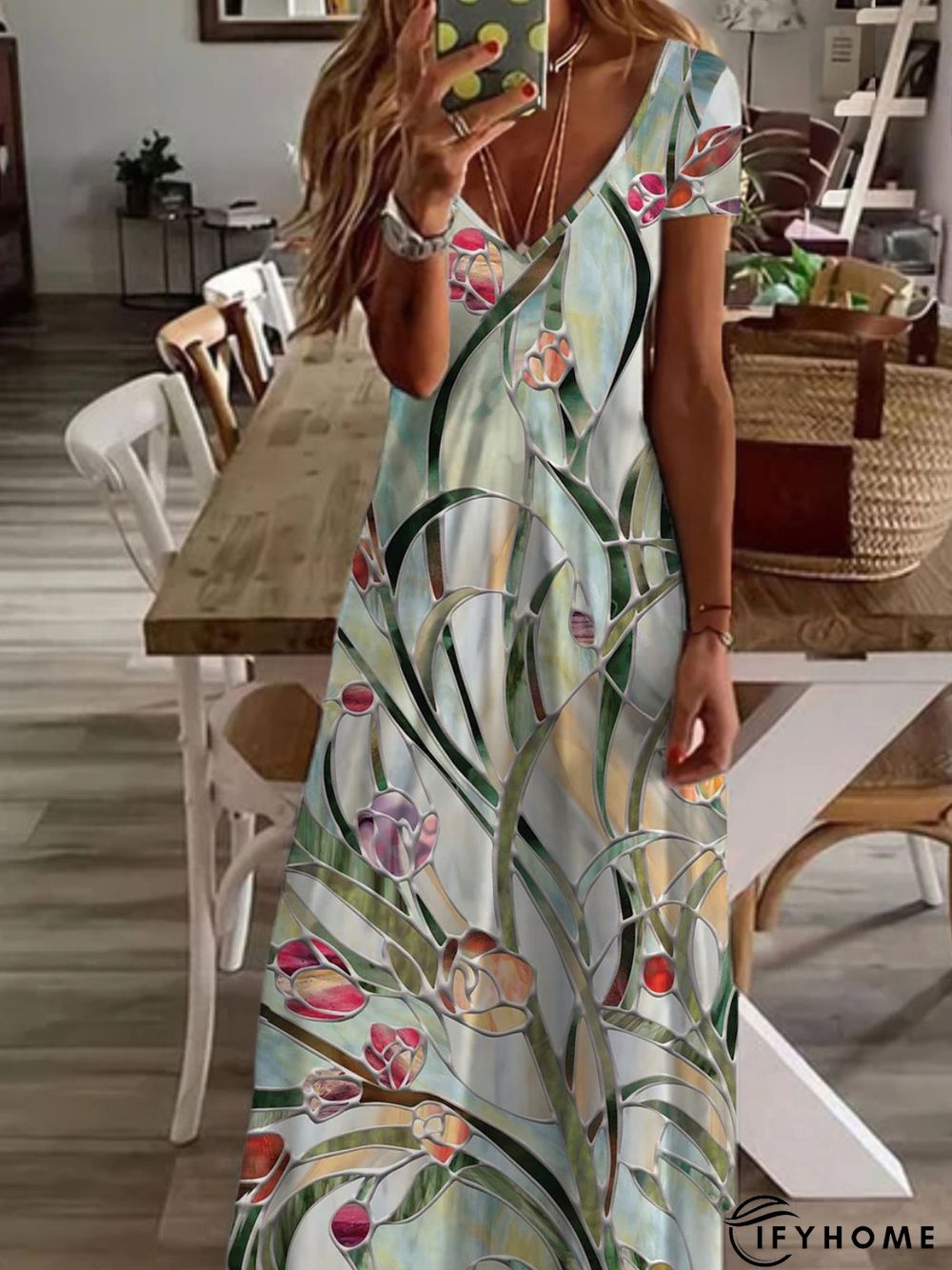 Women Casual Floral Autumn V neck Lightweight Long Short sleeve A-Line Regular Size Dresses | IFYHOME