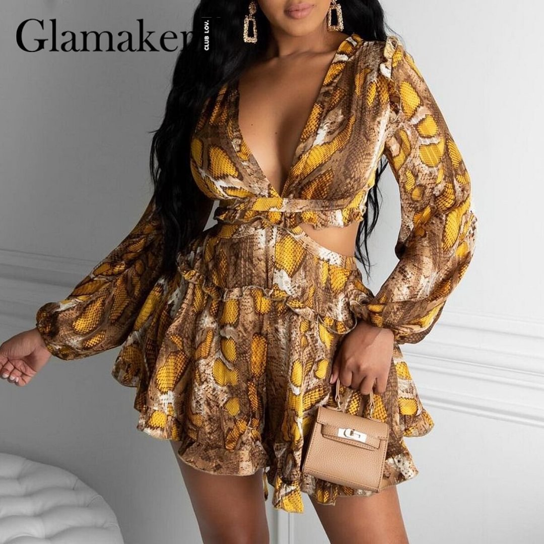 Glamaker Chiffon Floral printed hollow out sexy dress Women summer ruffles lantern sleeve A-line mini dress Fashion vestidos