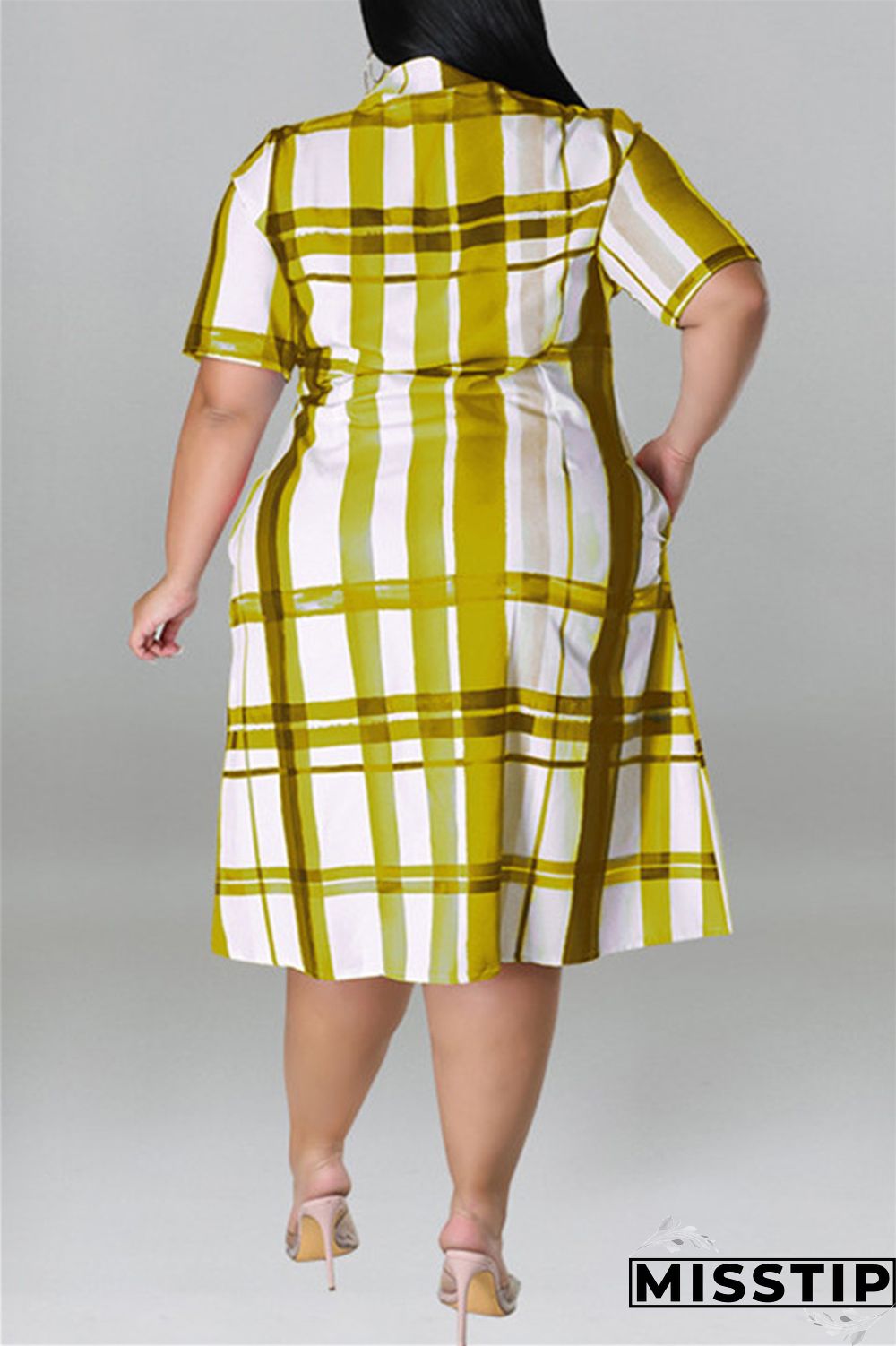 Blue Fashion Casual Plus Size Plaid Print Patchwork Turndown Collar Shirt Dress