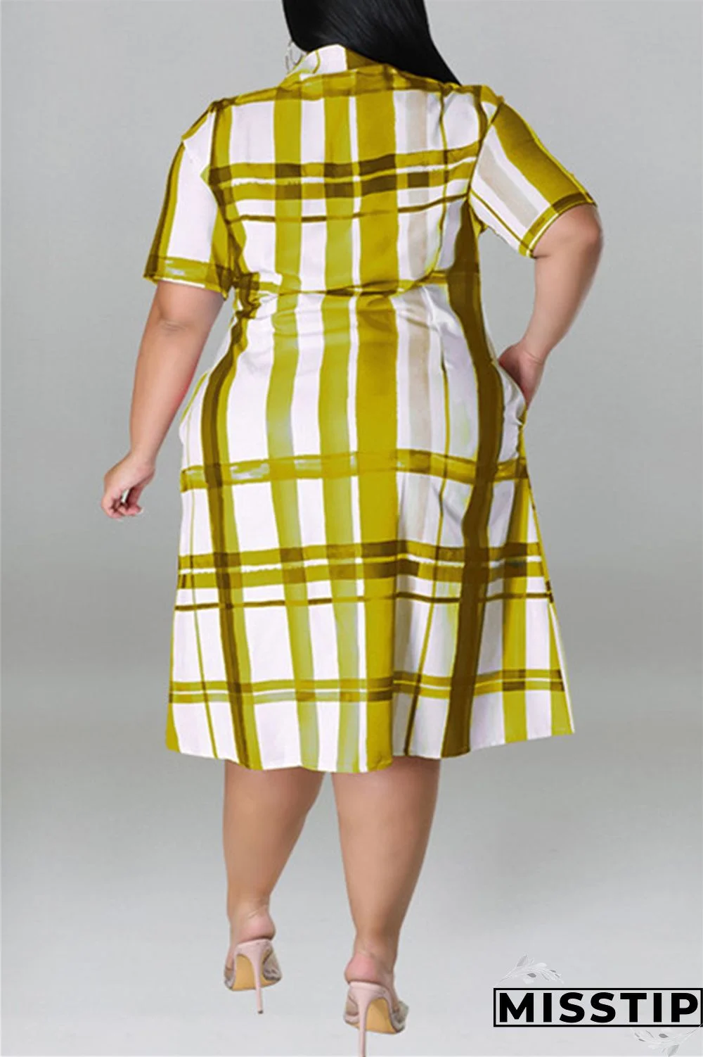 Blue Fashion Casual Plus Size Plaid Print Patchwork Turndown Collar Shirt Dress