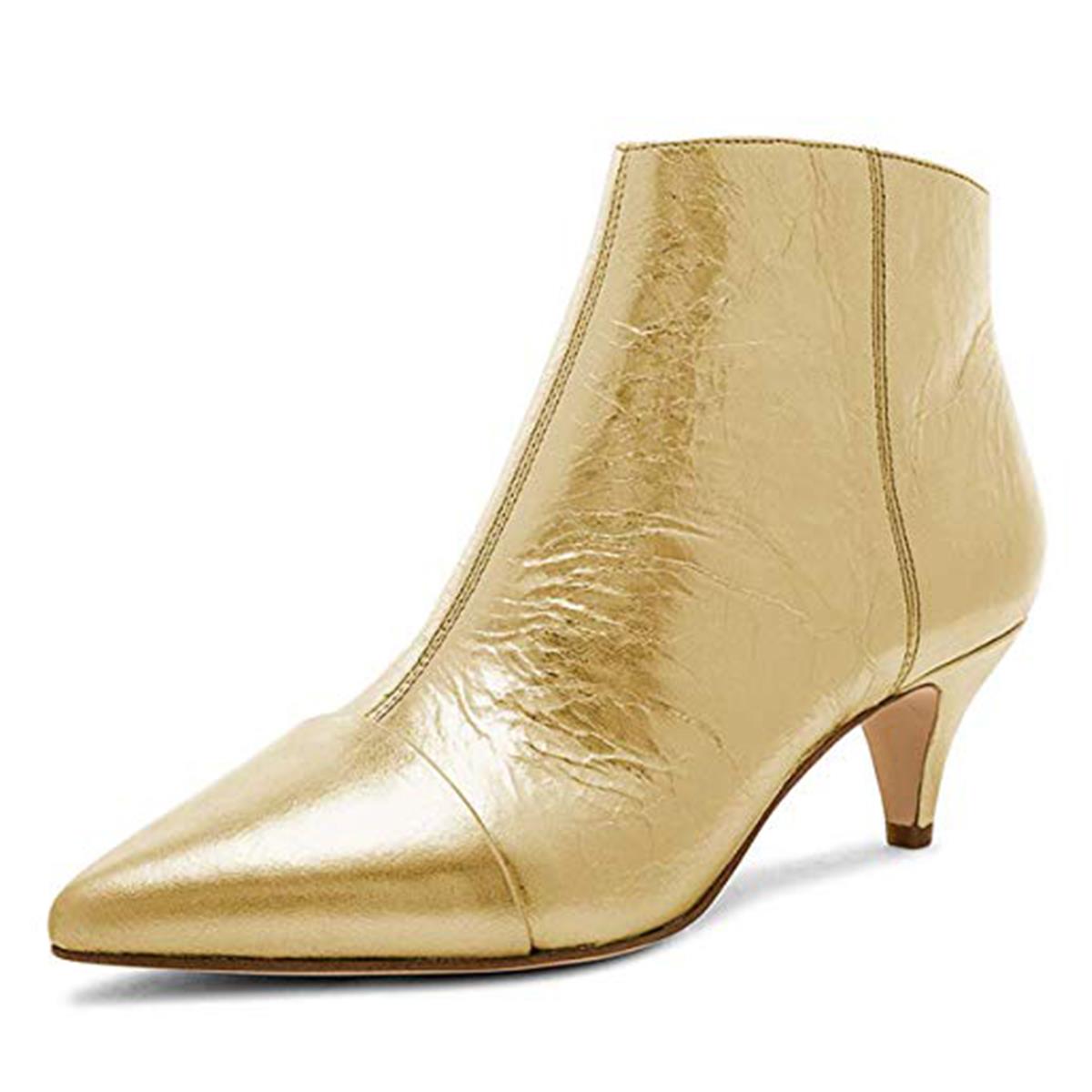 Gold Metallic Pointed Toe Kitten Heel Zipper Ankle Boots for Women Nicepairs