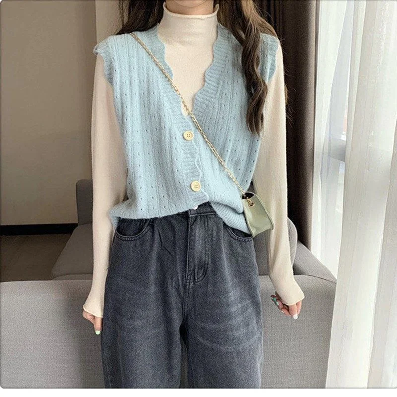 Sweater Vest Women Solid Ribbed Simple Daily Outwear Elegant Spring Sweet Hollow-out Knitted Streetwear Retro Vintage Fashion BF