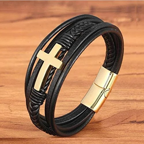 Men Braided Leather Cross Bracelets with Magnetic Clasp Gifts for Him