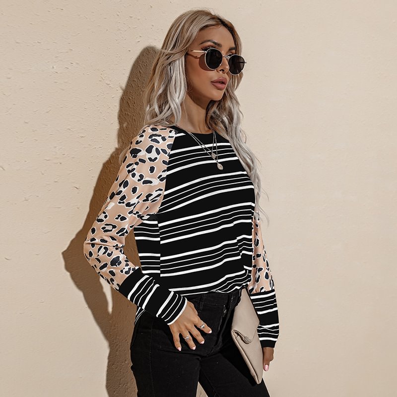 Women's 2021 Long-sleeved Striped T-shirt Round Neck Loose Short