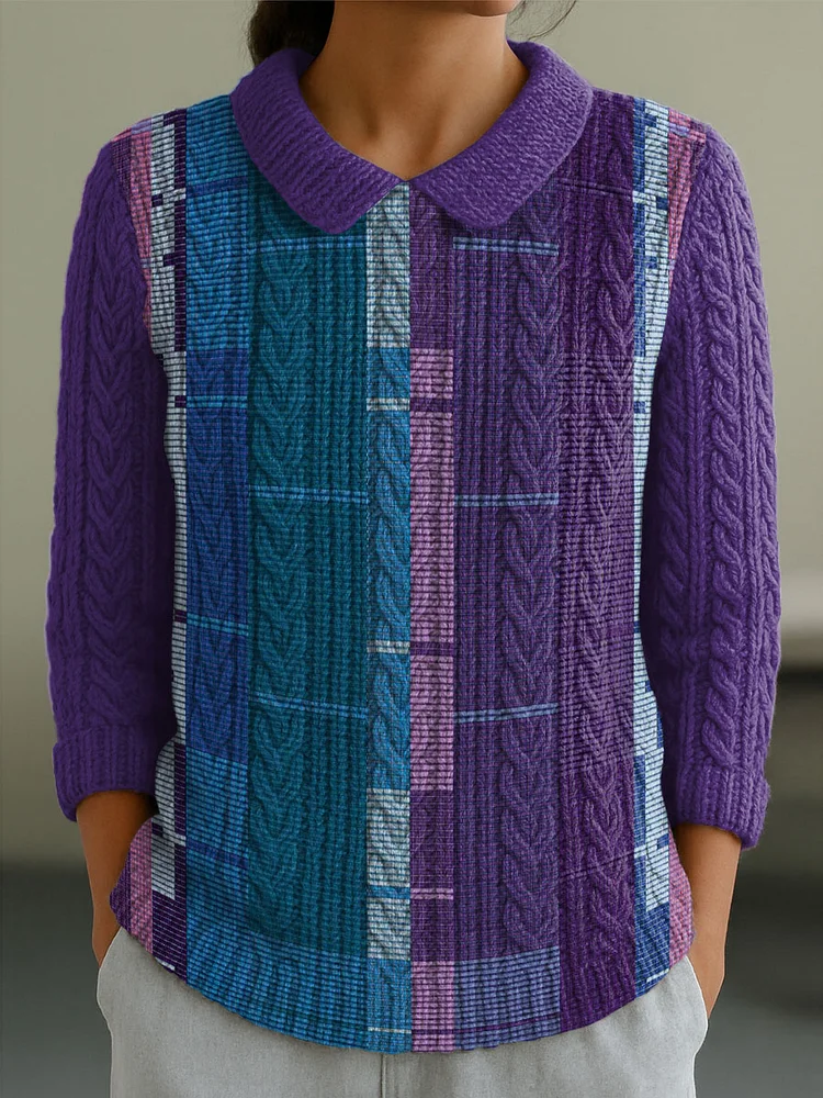 Women's Purple Geometric Color Splicing Casual Peter Pan Collar 3/4 Sleeve Sweater