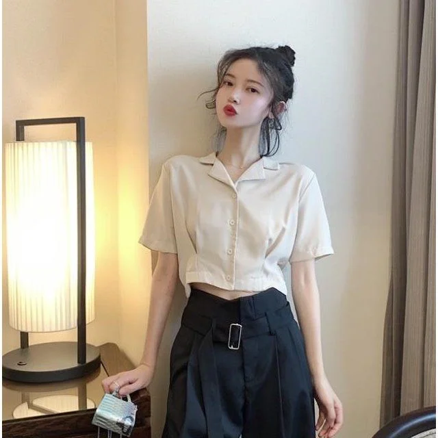 Women Shirts Summer Solid Crop Top Single Breasted Short Sleeve Elegant Korean Trendy Leisure Loose Female Blouses Tees Ins New