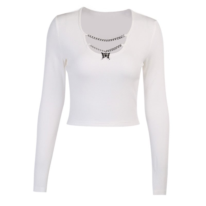 InsGoth Knitted Long Sleeve Crop Tops Gothic Punk Bodycon Butterfly Pendant Women T-shirts Lady Solid Black White Basic Top