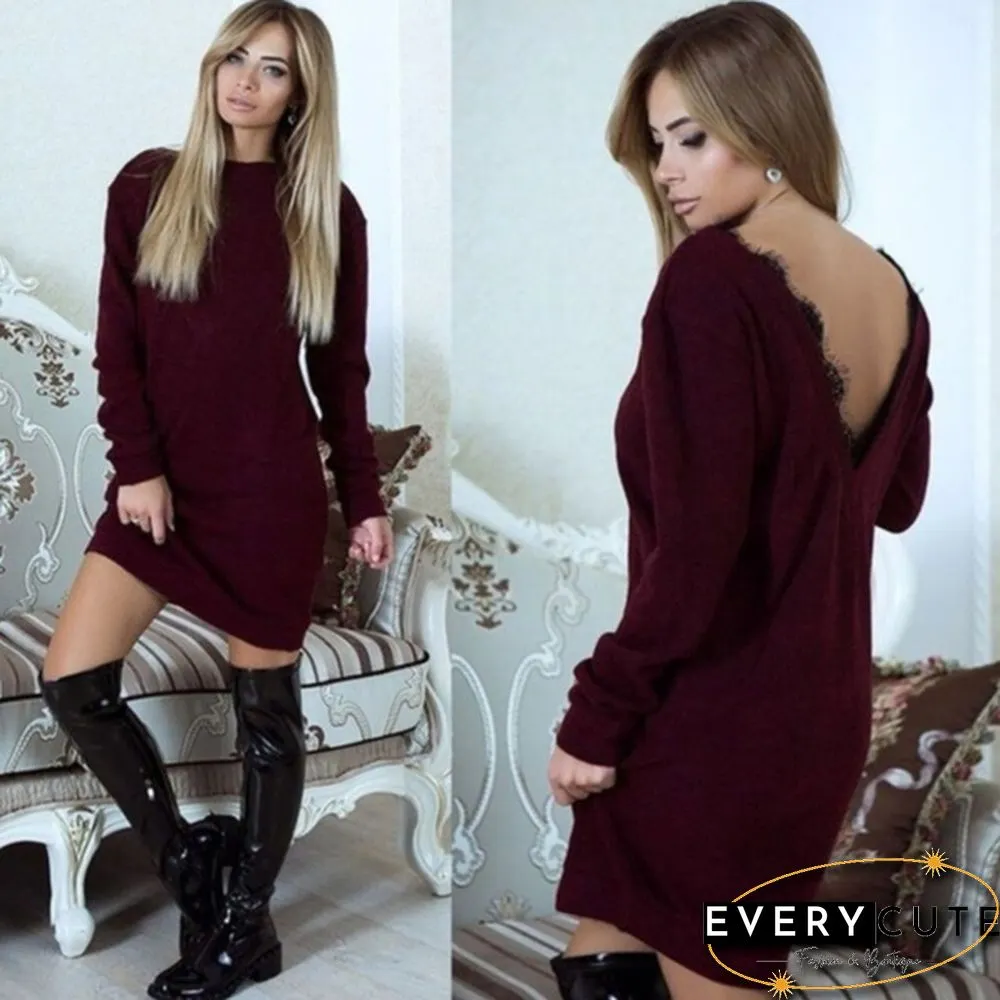 Fashion Womens Lace Backless Long Sleeve Dress Jumper Sweater Tops Sweatshirt
