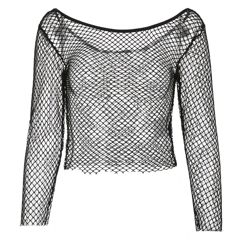 IAMSURE Dark Hollow Out Fishnet Cropped T Shirt Women 2022 Gothic See Through O-Neck Long Sleeve Tees Summer Fashion Streetwear