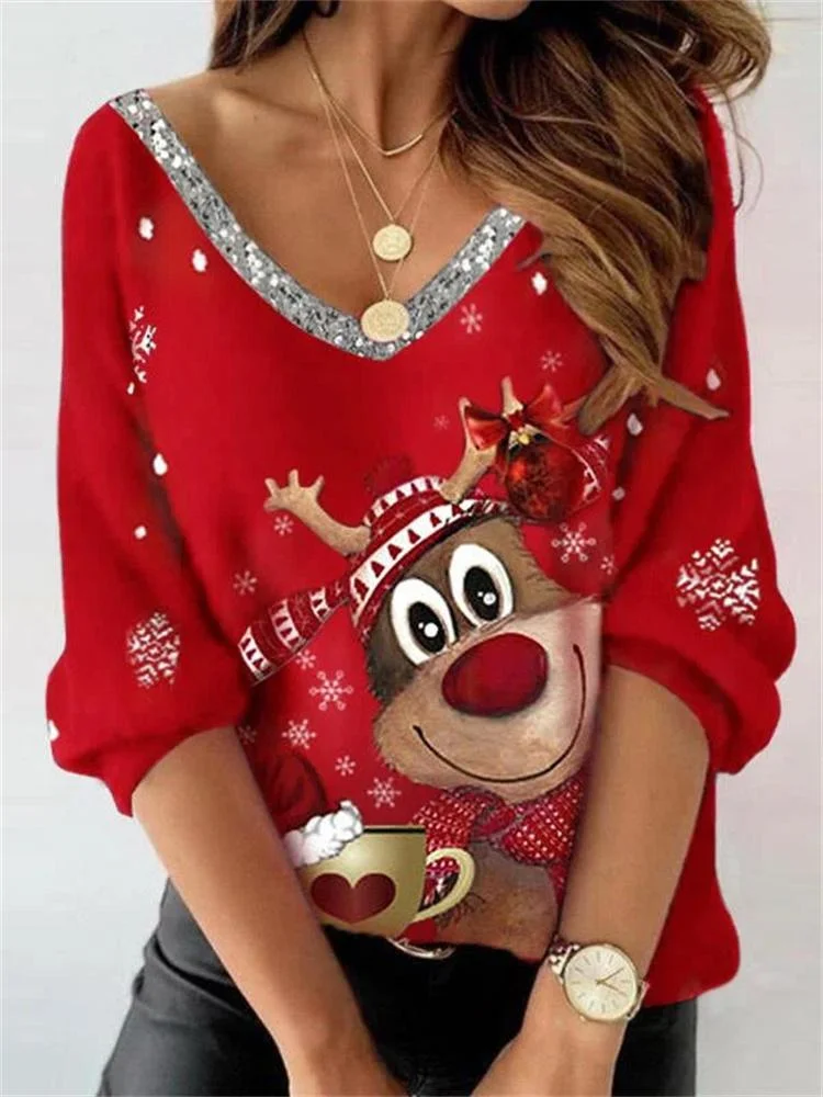 Christmas Regular Fit Glitter V Neck T-Shirt