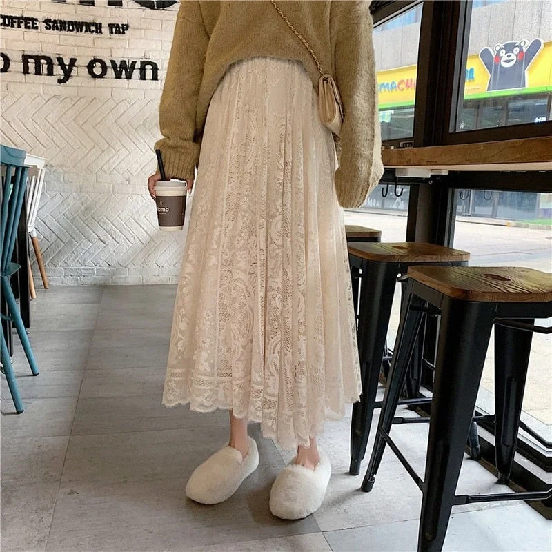 HOUZHOU Lace Long Skirts Women Vintage High Waist Fairycore A-line White Midi Skirt Autumn Korean Fashion Elegant Casual Clothes