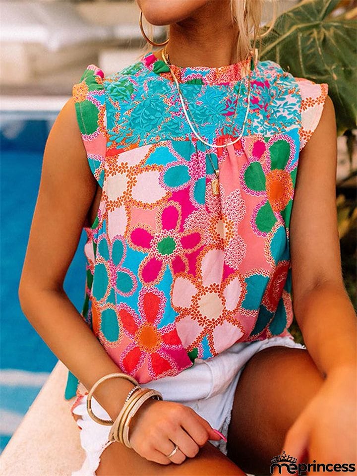 Women's Sweet Colorful Floral Print Sleeveless Pullover Shirt