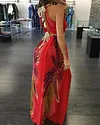 Red Floral High Slit Halter Maxi Chiffon Dress