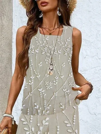 Women's Sleeveless Square Collar Graphic Printed Casual Set