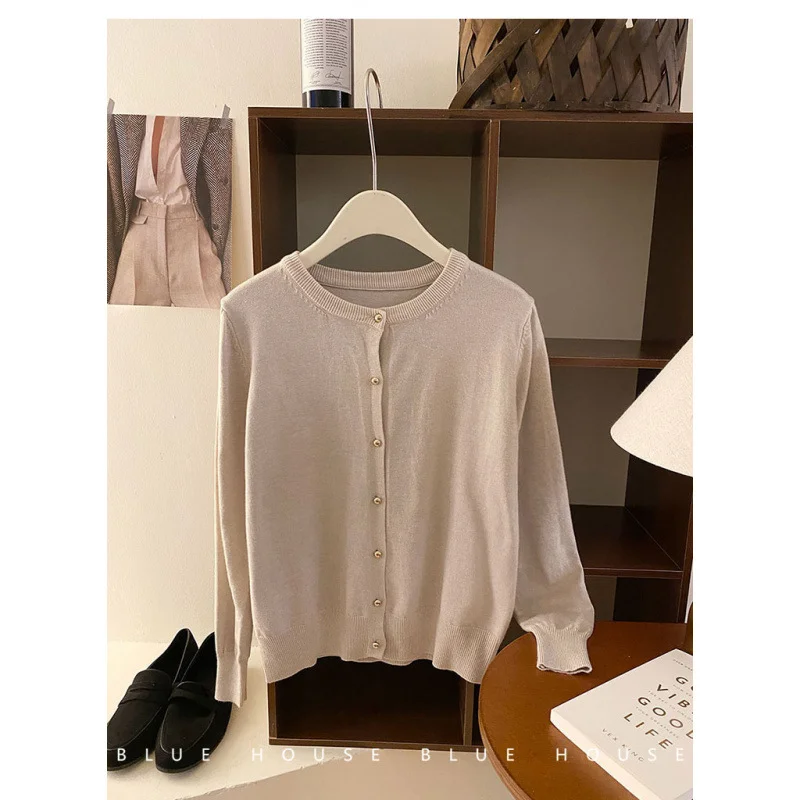 Uveng Uveng Style Gentle Retro Small Gold Button Net Version Long-Sleeved Knitted Shirt Women Autumn Collar Soft Glutinous Sweater Coat