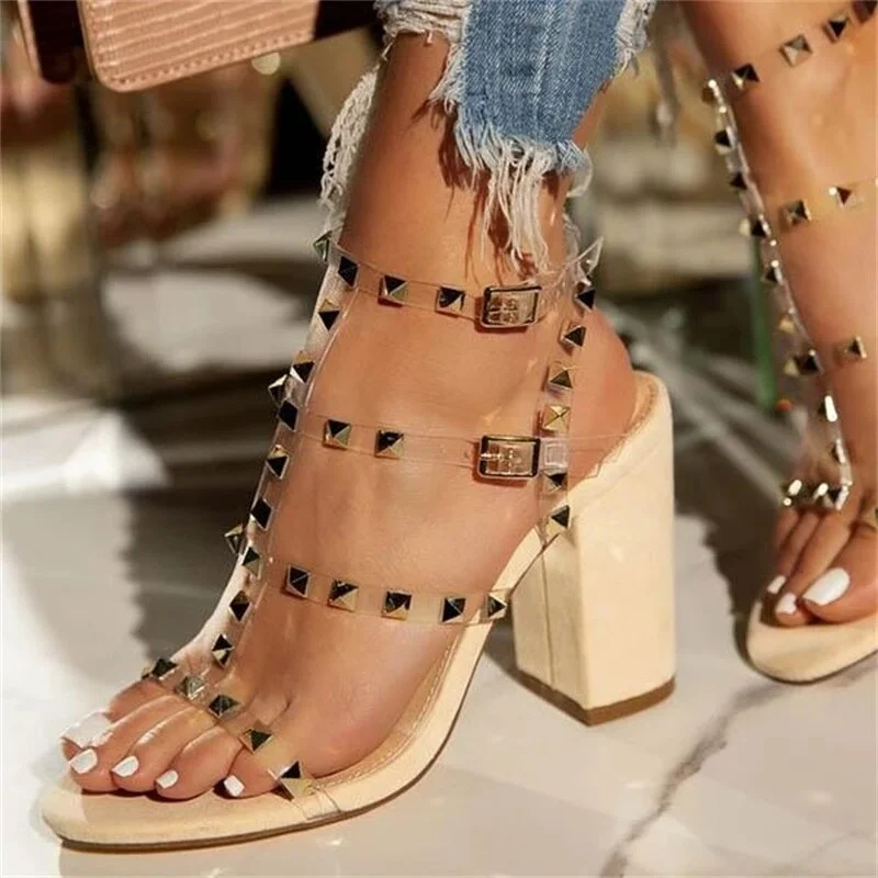 Women High Heels Summer Transparent Rivet Sandals Open Toe Sexy Female High Heels Party Club Buckle Belt High Heels  Ladies
