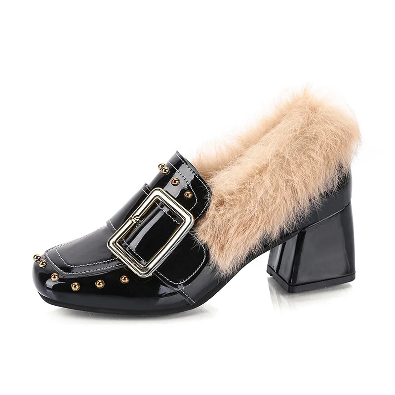 Women High Heel Casual Shoes Fashion Fur Decoration Rivet Pumps Buckle Office Ladies Shoes Warm Women Party Wedding Fur Shoes