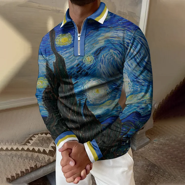 Men'S Van Gogh Classic Starry Sky Long Sleeve Polo Shirt