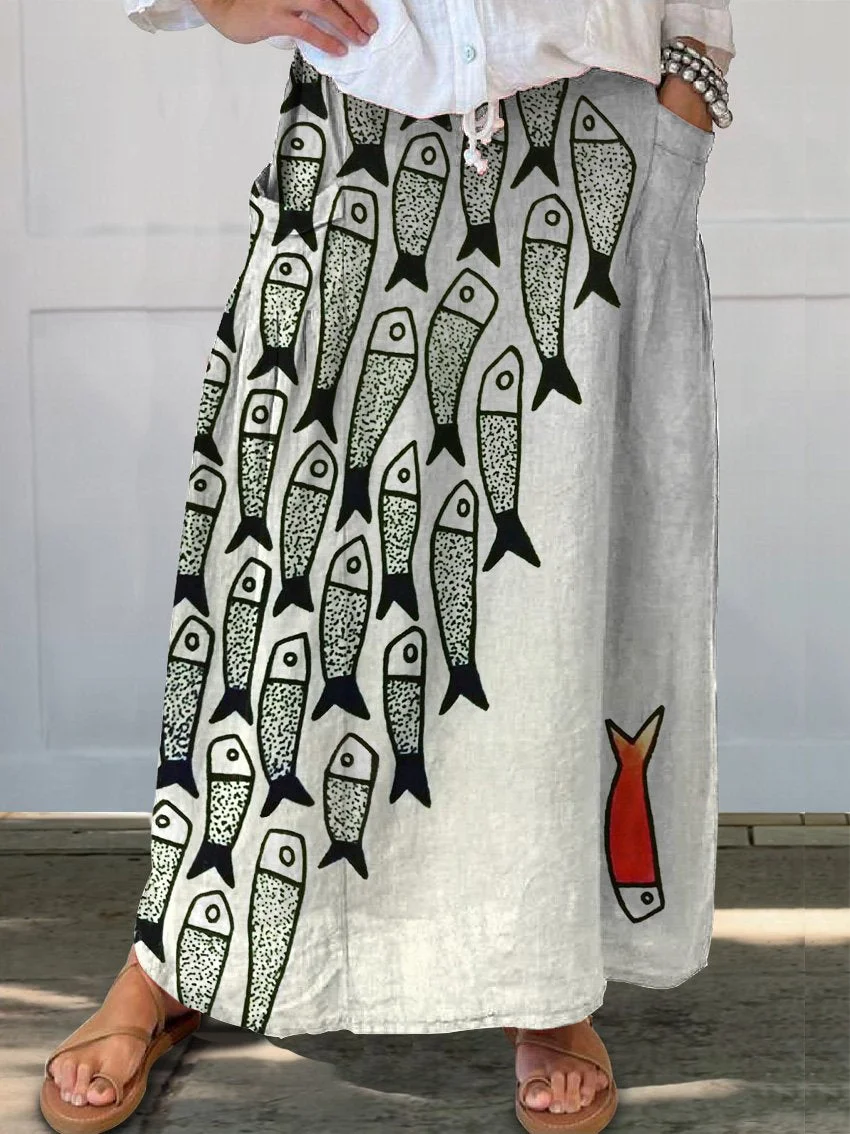 Be The Unique Fish Art Printed Women's Linen Pocket Skirt