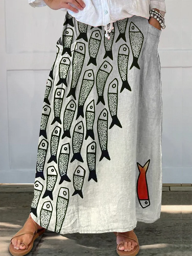 Be The Unique Fish Art Printed Women's Linen Pocket Skirt
