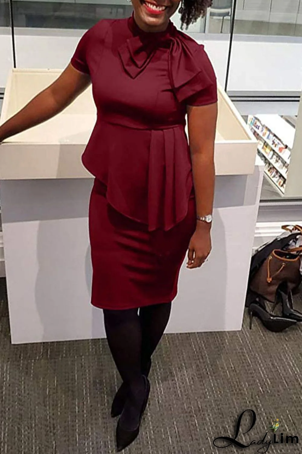 Coral Powder Casual Solid Patchwork Asymmetrical With Bow O Neck One Step Skirt Dresses