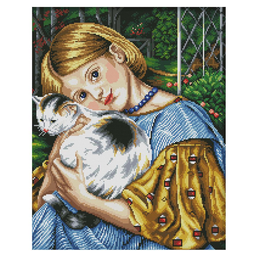 

Girl And Cat - 14CT Stamped Cross Stitch - 45*37cm, 501 Original