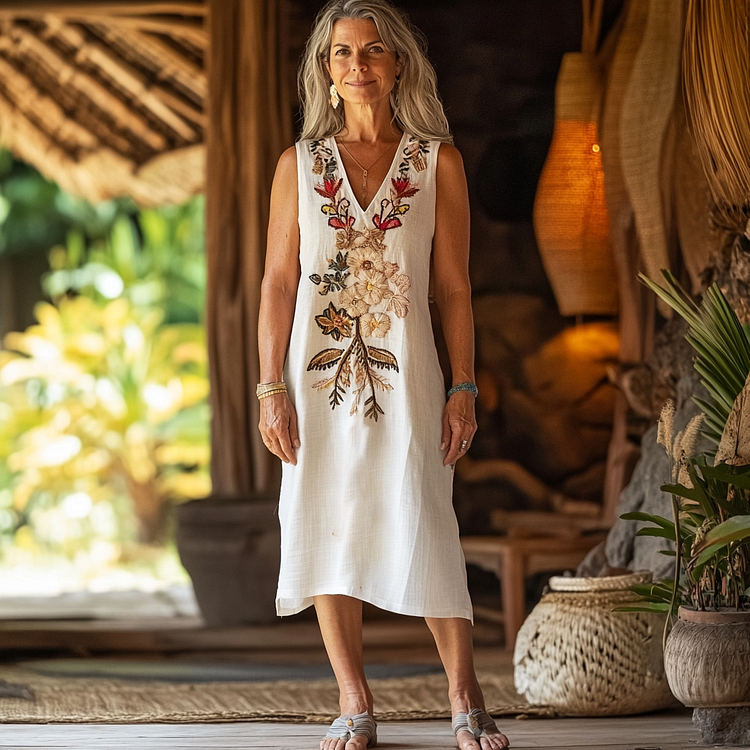 Women's Vintage Bohemian Floral Cotton And Linen Sleeveless Dress