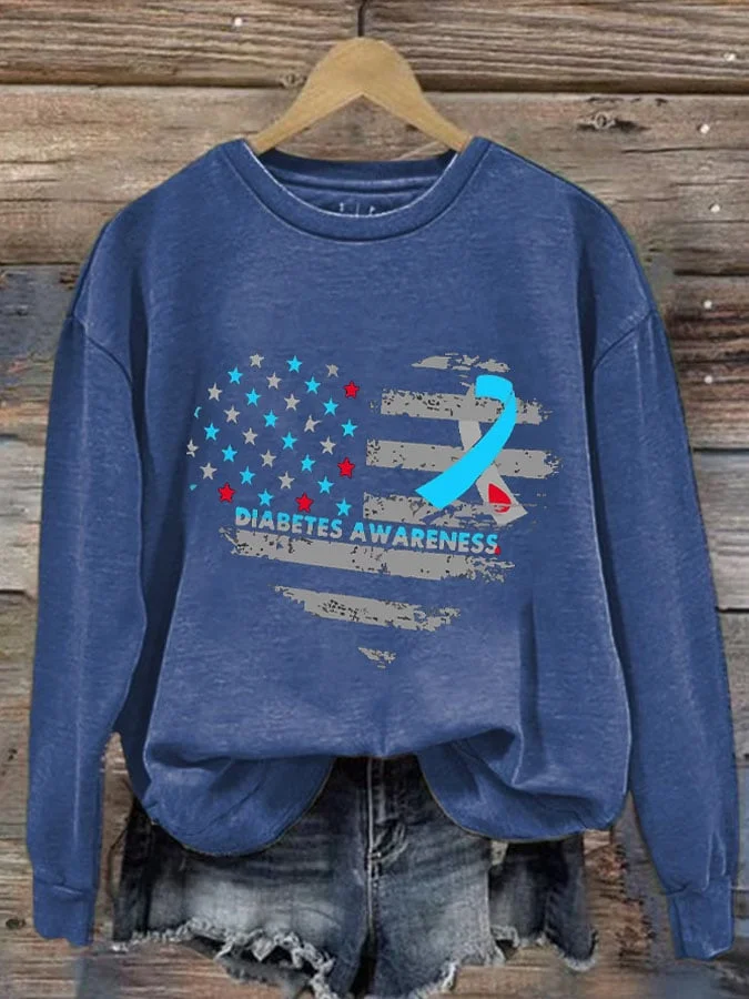 Women's Casual Diabetes Awareness Print Long Sleeve Sweatshirt