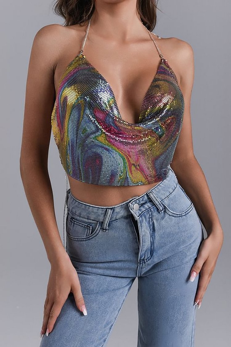 Iridescent Metallic Sequins Suspender Backless Tank Top