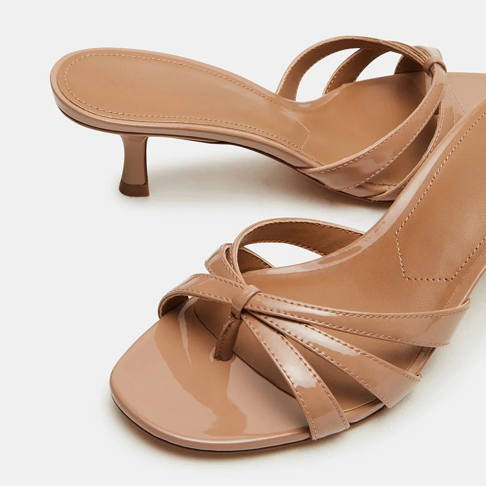 Nude Patent Leather Open Toe Flip Flop Spool Heel Mules Sandals