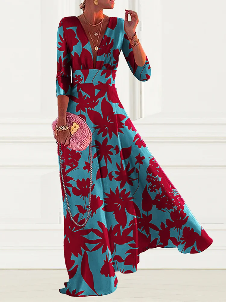 V-Neck High Waist Red Flower Long Sleeve Maxi Dress