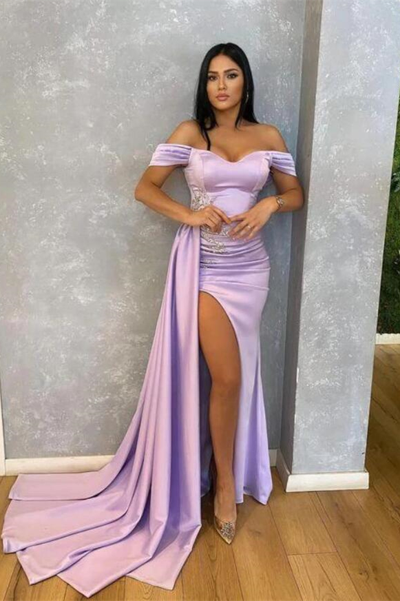 Oknass Off-The-Shoulder Beads Lilac Mermaid Prom Dress With Ruffle Split