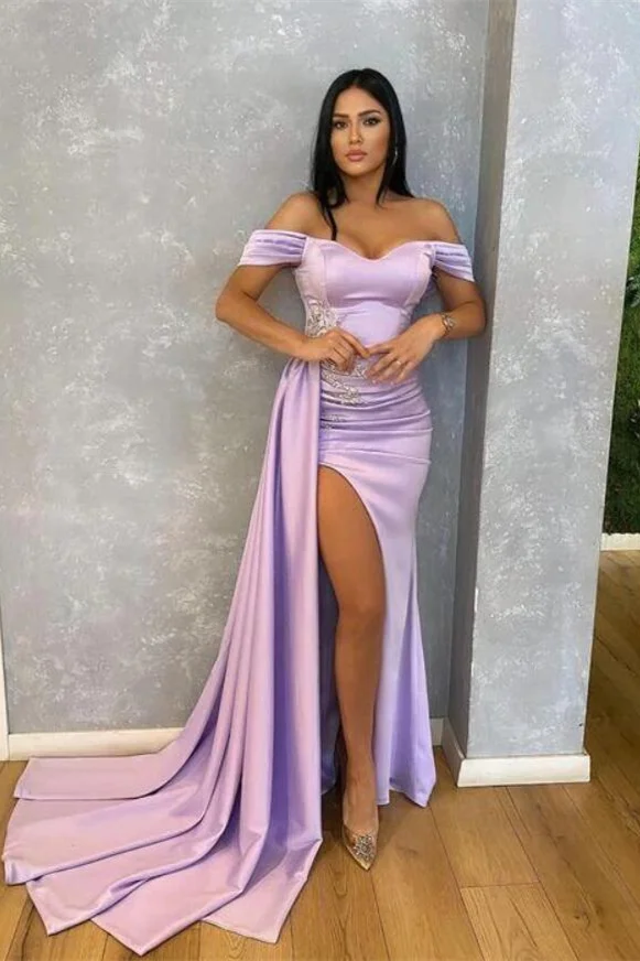 Miabel Off-The-Shoulder Beads Mermaid Lilac Prom Dress With Ruffle Split