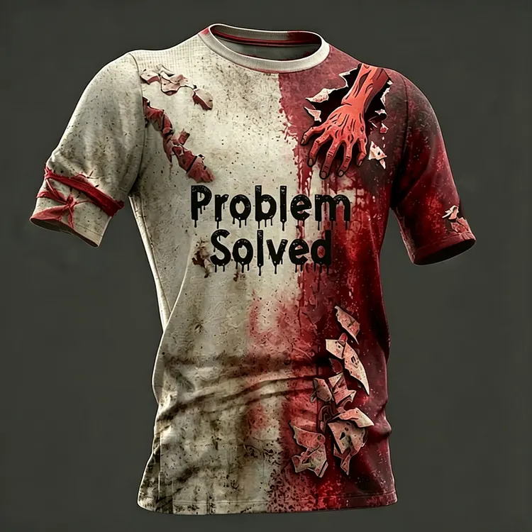 Men's Classic Halloween Bloody Hand With Bloody Problem Solved Art Short Sleeve T-shirt